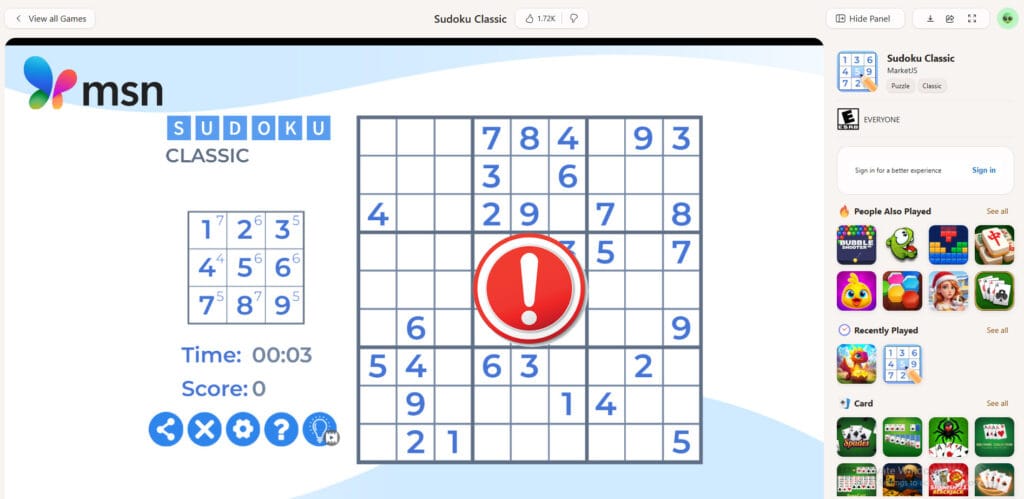 MSN Sudoku daily puzzle error solution thumbnail