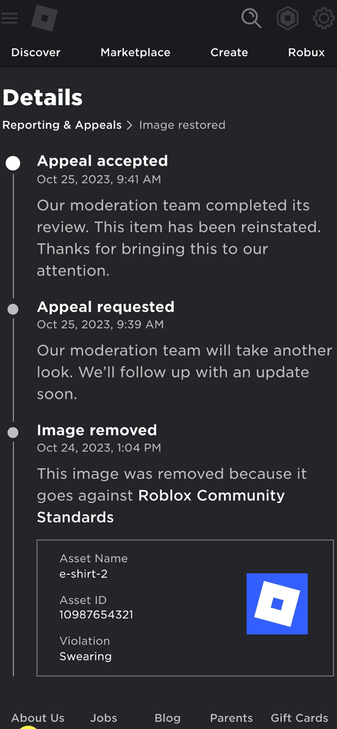 roblox ban appeal reply