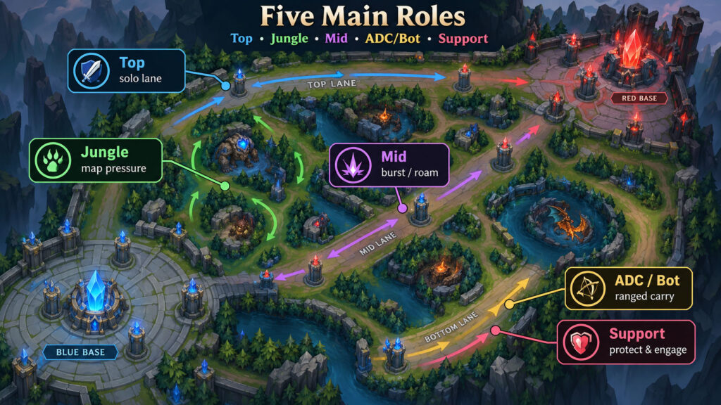 League of Legends Top Jungle Mid ADC and Support roles explained