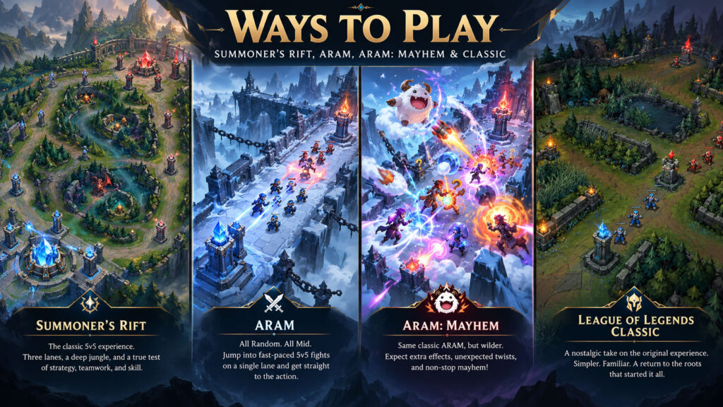 League of Legends game modes including Summoners Rift and ARAM