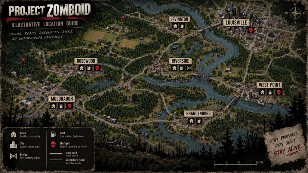 Major Project Zomboid map locations and towns
