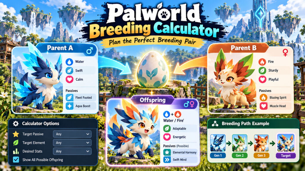 Palworld breeding calculator parents offspring and breeding path