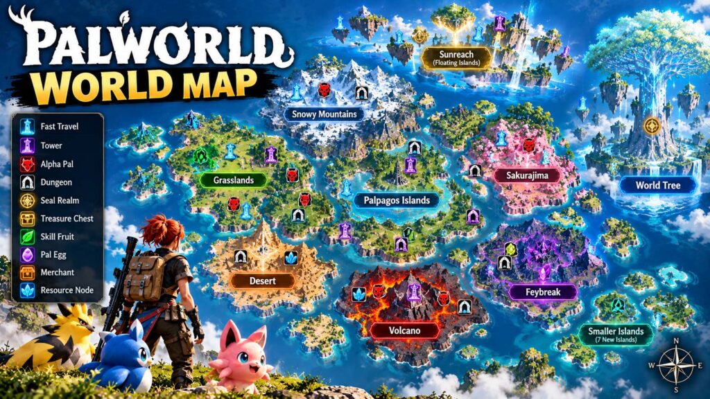Palworld map with fast travel dungeons Alpha Pals and resources